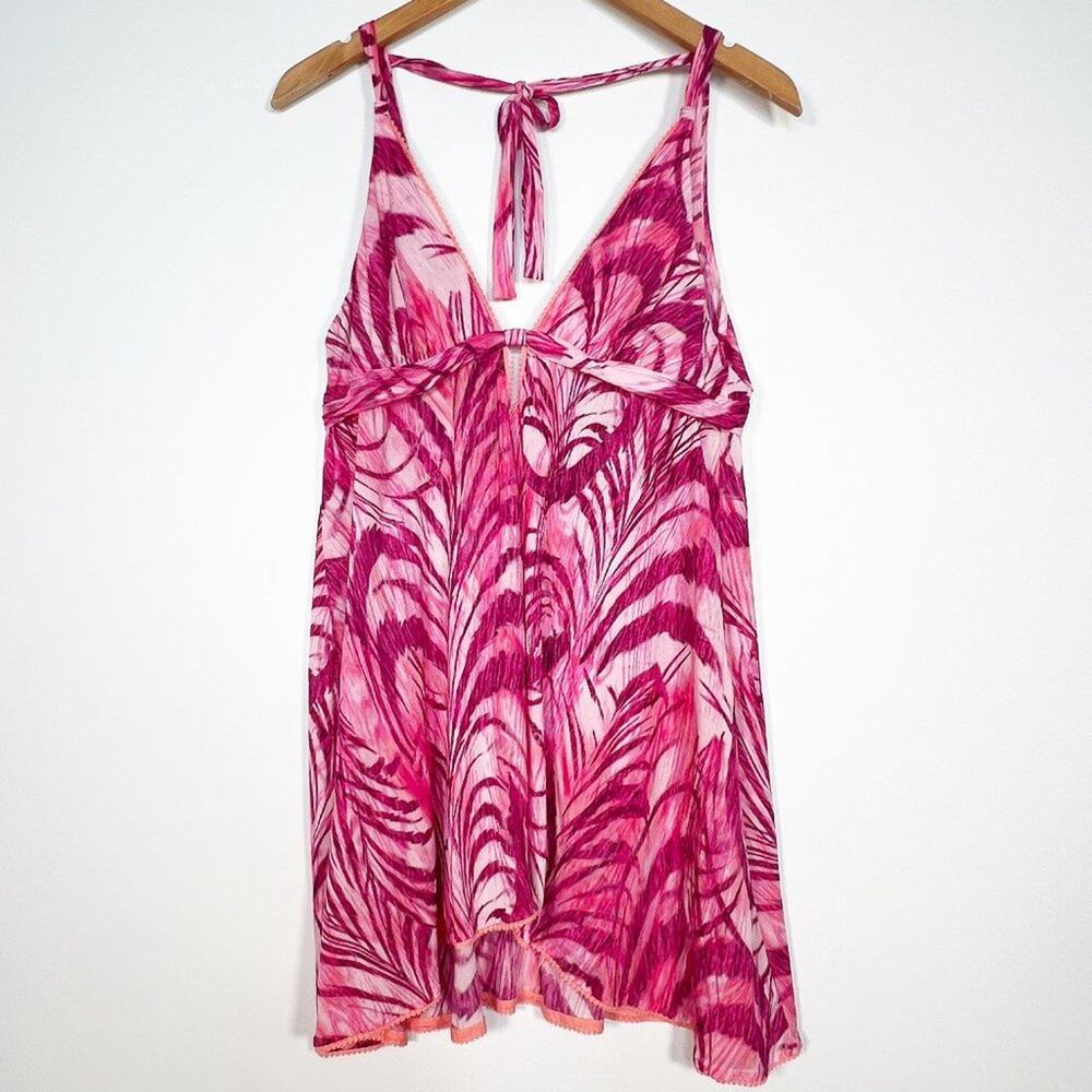 On Gossamer Fuchsia Pink Feather Print Babydoll Chemise Slip Dress Womens L